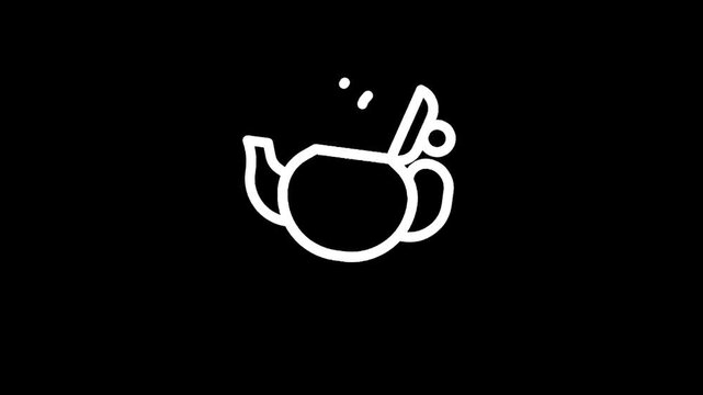 Minimalist white line art teapot pouring liquid on a black background