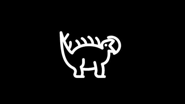 Stylized white line art dinosaur icon on a black background, simple and modern