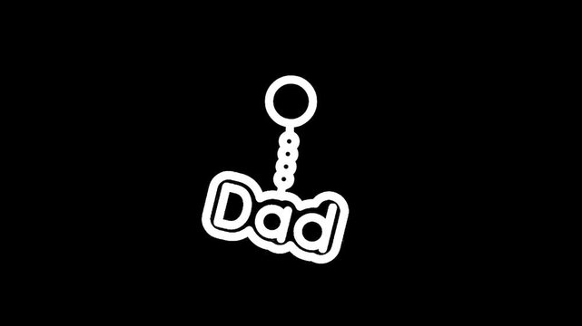 Simple white outline of a keychain with the word Dad on a black background
