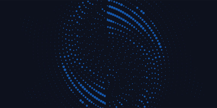 Blue halftone circular gradient pattern on dark background. Futuristic geometric dot texture vector illustration.