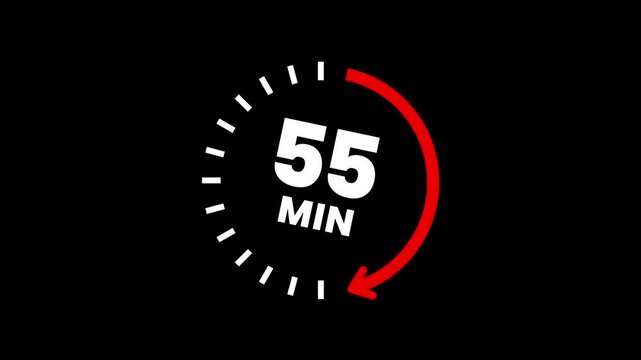 Countdown timer icons for 55 minutes in circular arrow animation. Circle arrow refresh icon with 55 min timer icon animation. Timer 55 minutes countdown clock with circular arrow. 4K video.