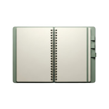 A sage green spiral bound notebook with blank white pages on a transparent background