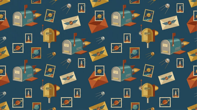 Retro space mail seamless pattern featuring rocket mailboxes, winged envelopes, and cosmic stamps on dark teal. AI generated vintage futuristic illustration.