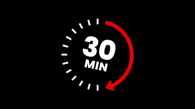 Countdown timer icons for 30 minutes in circular arrow animation. Circle arrow refresh icon with 30 min timer icon animation. Timer 30 minutes countdown clock with circular arrow. 4K video.