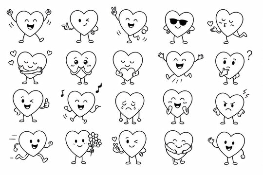 Set of cute heart characters with different funny faces and hand gestures