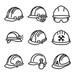 Fototapeta premium A comprehensive collection of hard hat and safety helmet line icons featuring construction icon designs for industrial protection and essential
