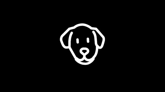 Simple white line art dog face icon on a black background, minimalist design