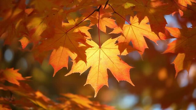 Vibrant Orange Autumn Maple Leaves Backlit by Sunlight 4K Generative AI