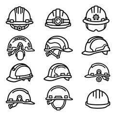 Fototapeta premium Comprehensive set of hard hat and safety helmet line icons, perfect for a construction icon collection, industrial protection gear, and head gear