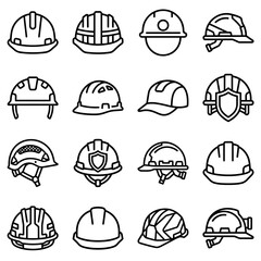 Fototapeta premium A comprehensive set of safety helmet and construction hard hat icon designs for industrial protection and worker safety equipment illustrations