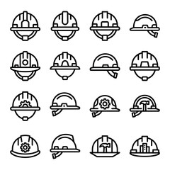 Fototapeta premium Comprehensive hard hat and construction icon set with safety helmet variations for industrial engineering and protective gear design projects.