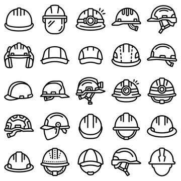 Comprehensive hard hat and safety helmet icon set featuring construction gear and industrial ppe for site worker protection and engineering safety.