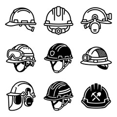 Fototapeta premium Set of hard hat and safety helmet icons for construction and industrial work environments, featuring mining gear and protective equipment.