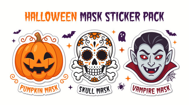 Halloween mask sticker set with pumpkin skull and vampire faces