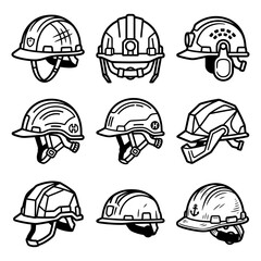 Fototapeta premium Collection of safety helmet and construction icon sets featuring industrial headwear and protective gear including mining hardhat and work equipment.
