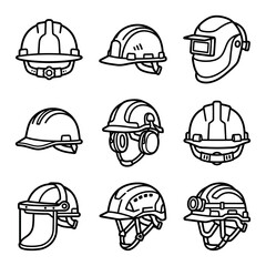 Fototapeta premium A comprehensive collection of safety helmet and industrial icon graphics featuring protective headgear ppe outline and construction equipment for