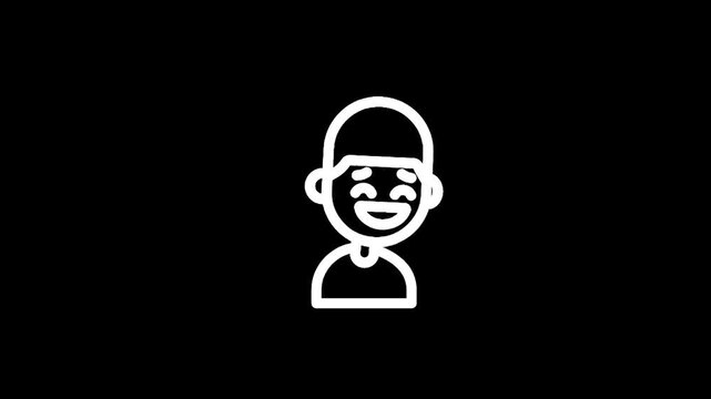Simple white line drawing of a happy person with closed eyes and wide smile