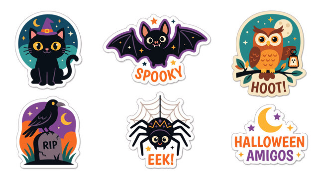Halloween animal character stickers with spooky icons
