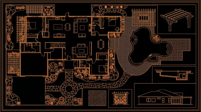 Interior Floor Plan and Landscape CAD Vector Set with Room Layouts, Pool Designs, Pergola Structures, Paving Patterns and Trellis Technical Blueprint Collection