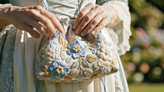 Close-up of a woman in a historical dress holding a vintage embroidered purse. Lady in a period costume with a handmade floral accessory in a garden. Regency fashion concept