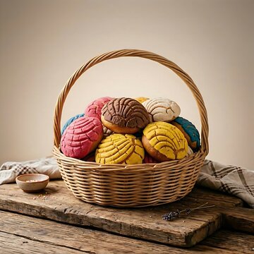 a basket overflowing with freshly baked Conchas, the traditional Mexican pan dulce, with their intricate, shell-like sugar tops in various colors. The basket is set on a rustic wooden	
