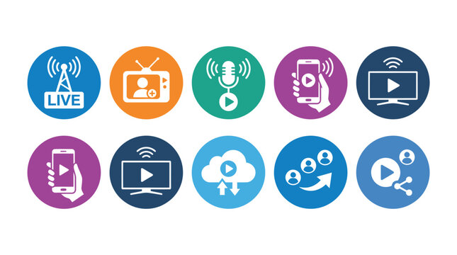 Modern circular media and live broadcasting interface icons