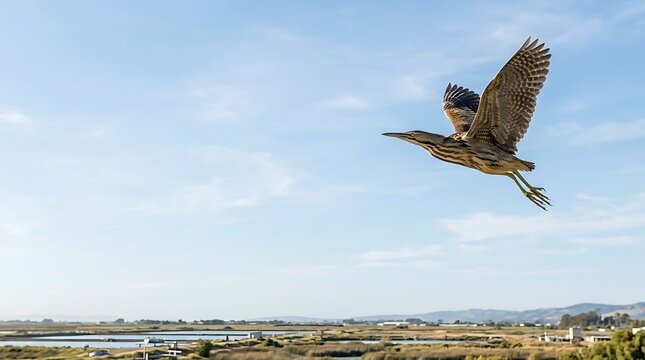 Brown bittern bird flying over wetland landscape under blue sky