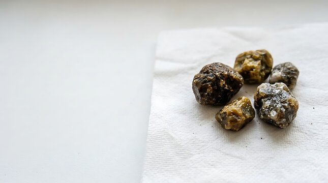 Collection of human gallstones on a white tissue paper
