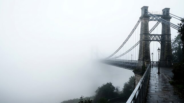 Historic stone suspension bridge disappearing into dense white fog