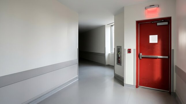 Red fire exit door in a clean modern institutional hallway