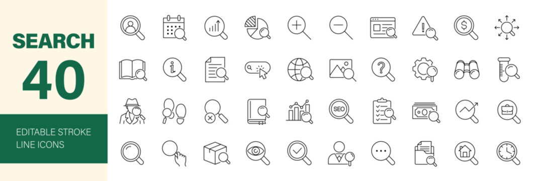 Search and Magnifying glass icon set. Editable line icons. Vector illustration.