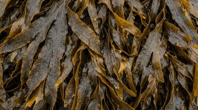 Wet Brown Seaweed Texture Background Close Up of Marine Algae Fronds on Rocky Shoreline Ideal for Natural Organic Coastal Design and Sustainable Food Concepts