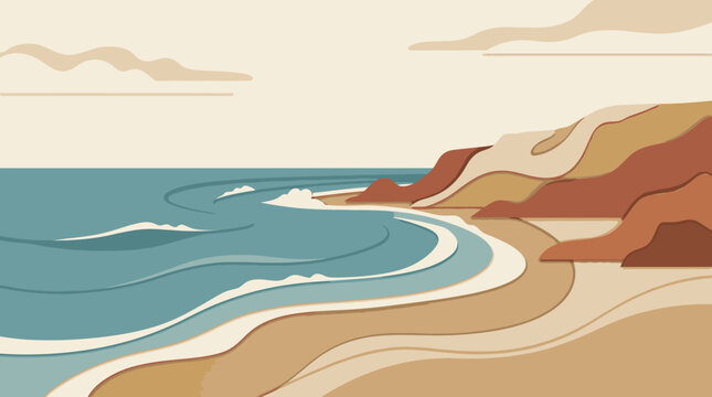 Curving Sandy Coastline With Rolling Ocean Waves At Shore.