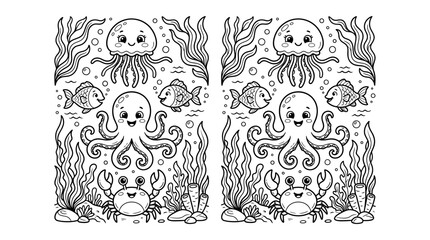 Obraz premium Cute Underwater Sea Creatures Coloring Page for Children Activities