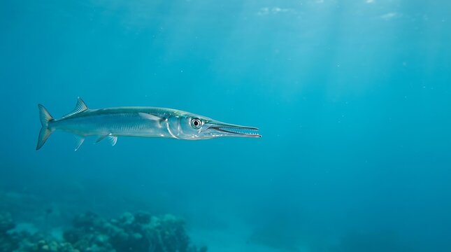 Needlefish swimming through clear tropical ocean water
