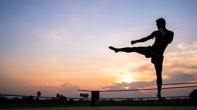 Silhouette of a martial artist performing a high kick at sunset