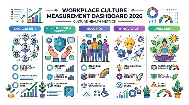 Workplace culture measurement dashboard with employee health metrics
