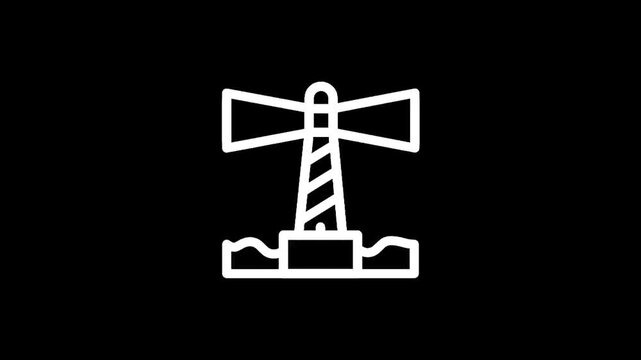 Simple white line art icon of a lighthouse on a black background