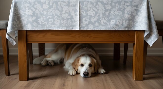 Dog Hides Under Table.