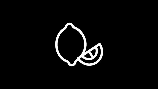 Simple white outline of a lemon with a slice on a black background