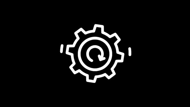 White gear with circular arrow icon on black background representing automation and process