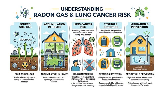 Educational infographic about radon gas sources and health risks