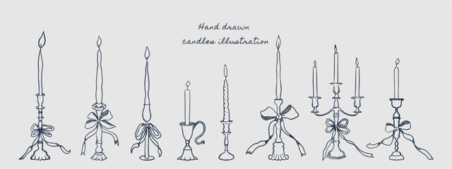 A collection of hand drawn line art style candles and ribbon bow for wedding or romantic dinner illustration. © herdesignstudio