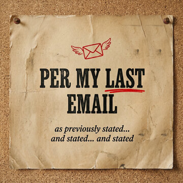 Vintage paper note pinned to a cork board featuring the phrase per my last email with a small red winged envelope icon for humorous office communication