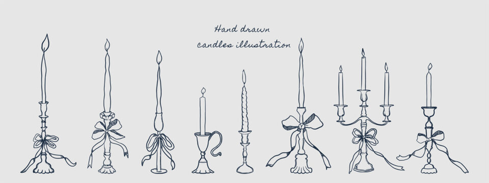 A collection of hand drawn line art style candles and ribbon bow for wedding or romantic dinner illustration.