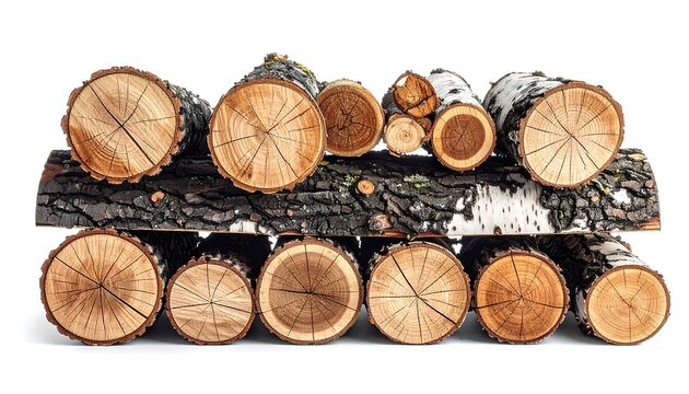 A stack of chopped wood logs with varied diameter and bark texture, neatly arranged for preparation