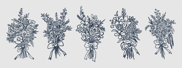 Fototapeta premium A collection of hand-drawn, vintage-style line art illustrations featuring floral arrangements—perfect for unique, whimsical, and charming wedding designs.