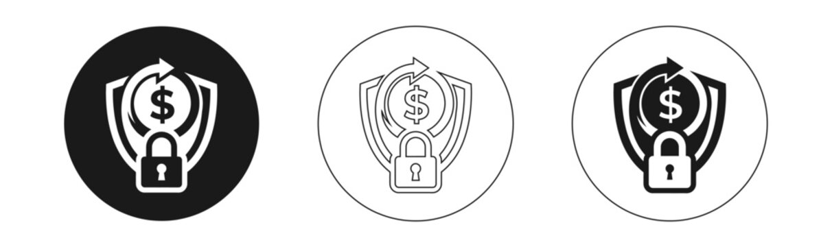 Secure financial investment icon set black white and outline versions for digital security concepts