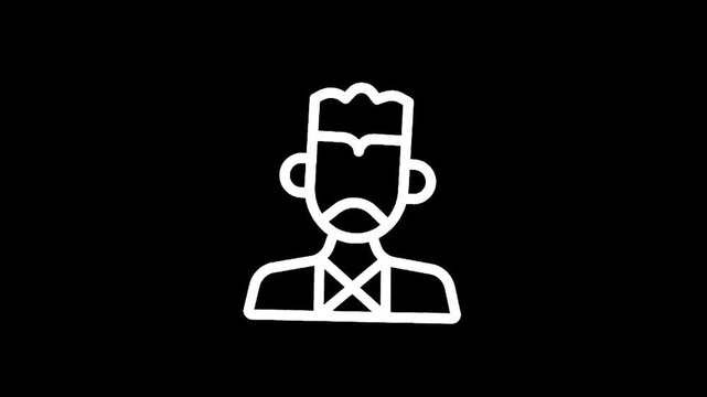 Simple white outline of a person with a beard and a crown on a black background