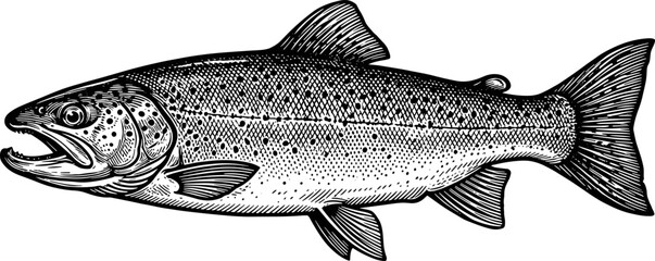 Atlantic Salmon Fish Illustration in Vintage Engraving Style Wildlife Artwork © mokbul